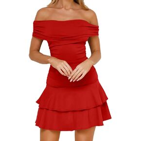 GOKATOSAU Women's Off Shoulder Folded Neck Tiered Ruffle Hem Bodycon Ruched Waist Mini Dress