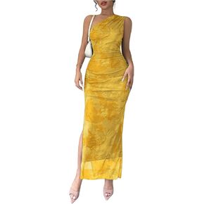 Milumia Women's Printed One Shoulder Bodycon Dresses Sleeveless Asymmetrical Neck Ruched Slit Maxi Dress