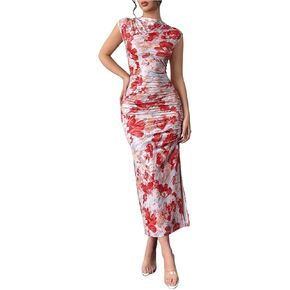 Milumia Women's Ruched Floral Sleeveless Bodycon Midi Dress Mock Neck Slit Thigh Dresses