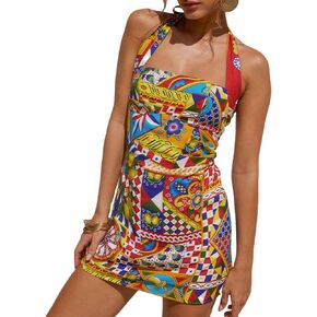 Women's Sexy Halter Tropical Printed Mini Dress Sleeveless A Line Bodycon Dress Backless Party Vacation Dress