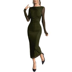Milumia Women's Ruched Mesh Bodycon Dress Long Sleeve Boat Neck Midi Dresses