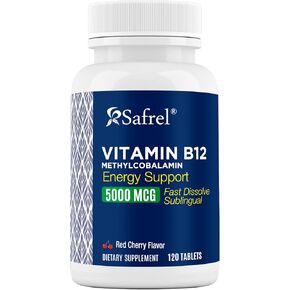 Safrel Vitamin B12 5000 MCG Methylcobalamin ، 120 أقراص سريعة الذوبان ، من السهل تناول نكهة الكرز B12 تحت اللسان ، و 120 يوم إمداد