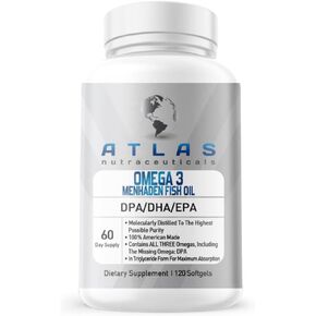 Atlas Nutraceuticals-Atlantic Caught Menhaden Fish Oil-Lab Tested-Omega 3-2400mg, Burpless, Made in The USA, DPA/DHA/EPA-120 Softgels