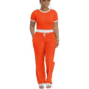 HTD Womens 2 Piece Outfits Sweatsuits Set Short Sleeve Wide Leg Pants Matching Lounge Sets Tracksuit Orange L