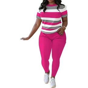 HBQ Women 2 Piece Outfits Summer Short Sleeve Stripe Tops and Bodycon Pants Tracksuits Biker Workout Jogger Sets