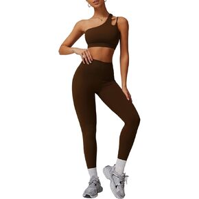 Women Workout Set Single Shoulder Straps Sports Bras and Leggings Set 2 Piece Gym Yoga Active Wear Outfit with Pockets