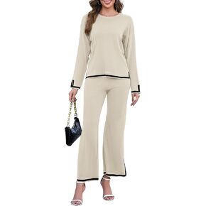 Womens 2 Piece Outfits Long Sleeve Knit Sweater Sets Knit Pullover Tops Wide Leg Pants Lounge Sets Tracksuits
