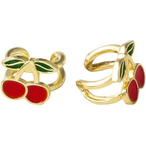 Fruit Ear Cuff Cartilage Earring for Women Non Pierced Ears Cute Funny Red Enamel Gold Plated Cherry Strawberry Apple Fake Small Hoop Clip On Earrings Fashion Trendy Jewelry