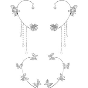 2 Pairs Butterfly Ear Cuffs Earring for Women, Non Piercing Silver Bling Butterfly Tassel Style Zircon Ear Wrap Earrings, Fairy Costume Butterfly Jewelry, Bridal Wedding Ear Cuffs & Wraps