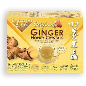 Prince of Peace Instant Natural Lemon Ginger Honey Crystals, 10 Sachets – Instant Hot or Cold Beverage for Nausea Relief and Soothes Throat – Easy to Brew Ginger and Honey Crystals