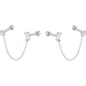 Round CZ Bar 20g Small Stud With Short Chain Cuff Cartilage Earrings for Women Teen Girls Double Piercing Second Hole Screw Back Stainless Steel Fashion Cute Chic Minimalist Crystal Line Simple Geometric Tiny Mini Climber Crawler Threader Hypoallergenic J