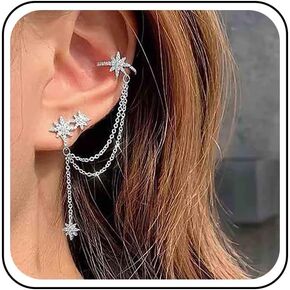Boho Crystal Star Cuff Chain أقراط الفضة CZ Northstar سلسلة الأذواق ذات الأقراط في سلسلة أحواض الغضروف النجمة النجمة.