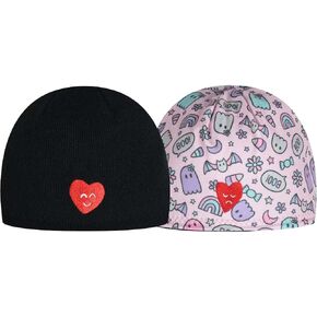 Kids Cute Reversible and Windproof Fleece Beanie with Smile and Upset Embroidery - Boys and Girls Athletic Winter Hat (Black - Cute Halloween)