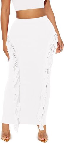 Women's Fringe Skirt Side Tassel Elastic High Waisted Pencil Long Maxi Skirts Bodycon in Saudi Arabia