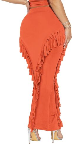 Women's Fringe Skirt Side Tassel Elastic High Waisted Pencil Long Maxi Skirts Bodycon in Saudi Arabia