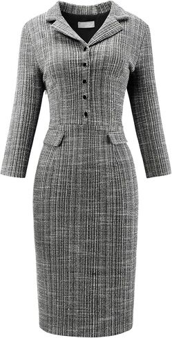 Women's 3/4 Sleeve Sheath Dress Collared Vintage Tweed Dress in Saudi Arabia
