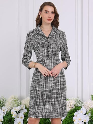 Women's 3/4 Sleeve Sheath Dress Collared Vintage Tweed Dress in Saudi Arabia