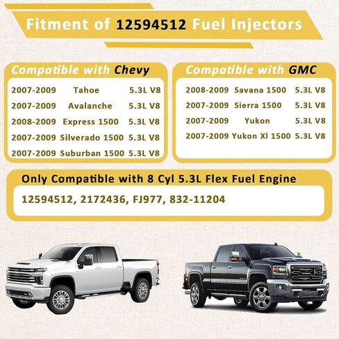 12594512 LMG 5.3L Flex Felectors ، متوافقة مع/Chevy 2007-2009 Tahoe Silverado Avalanche Express ، متوافق مع/GMC Yukon Sierra 1500 | 5.3 Flex LMG Engine | | 4 ثقوب | | مجموعة من 8 | in Saudi Arabia
