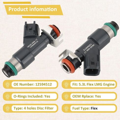 12594512 LMG 5.3L Flex Felectors ، متوافقة مع/Chevy 2007-2009 Tahoe Silverado Avalanche Express ، متوافق مع/GMC Yukon Sierra 1500 | 5.3 Flex LMG Engine | | 4 ثقوب | | مجموعة من 8 | in Saudi Arabia