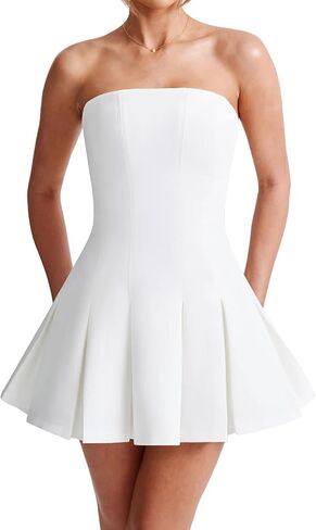 Women's Sexy Strapless Ruched Pleated Tube Mini Dress Y2K Sleeveless A Line Bodycon Short Dress in Kuwait