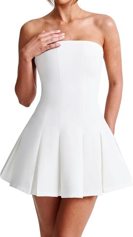 Women's Sexy Strapless Ruched Pleated Tube Mini Dress Y2K Sleeveless A Line Bodycon Short Dress in Kuwait