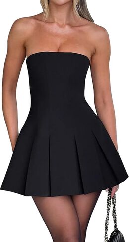 Women's Sexy Strapless Ruched Pleated Tube Mini Dress Y2K Sleeveless A Line Bodycon Short Dress in Kuwait