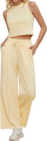 Women 2 Piece Outfits Ribbed Knit Crew Neck Sleeveless Cropped Tank Top Elastic Waist Wide Leg Pants Set in Kuwait