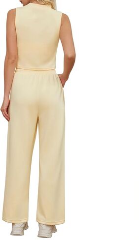 Women 2 Piece Outfits Ribbed Knit Crew Neck Sleeveless Cropped Tank Top Elastic Waist Wide Leg Pants Set in Kuwait