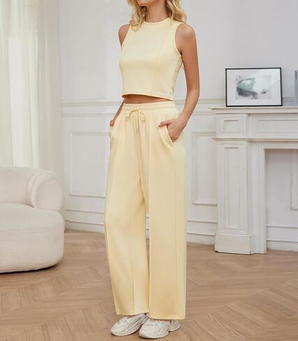 Women 2 Piece Outfits Ribbed Knit Crew Neck Sleeveless Cropped Tank Top Elastic Waist Wide Leg Pants Set in Kuwait