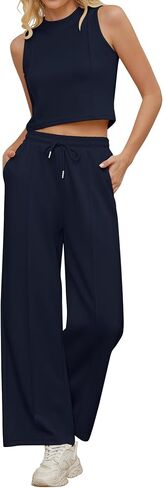 Women 2 Piece Outfits Ribbed Knit Crew Neck Sleeveless Cropped Tank Top Elastic Waist Wide Leg Pants Set in Saudi Arabia