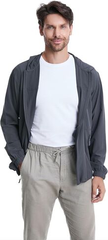 القماش رجالي سترة خفيفة الوزن مع جيوب هود الرمز البريدي للسفر المشي لمسافات طويلة الصيد in Kuwait