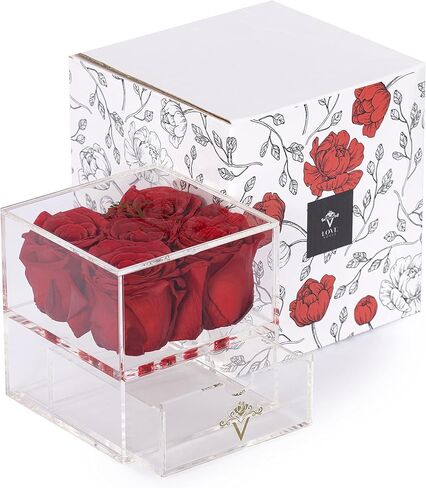 Vlove® Forever Roses في صندوق المجوهرات | الورود الحقيقية إلى الأبد بوكس ​​| الزهور المحفوظة بشكل طبيعي | محفوظ صندوق الورد | الوردة الأبدية التي تستمر في السنة | هدايا رومانسية لأمي وزوجة (أحمر) in Kuwait