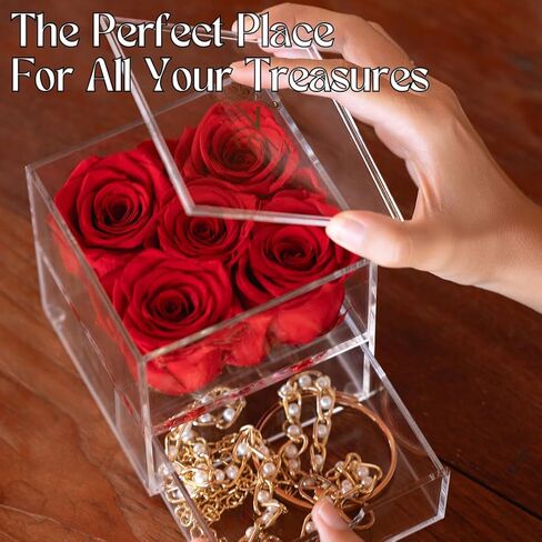 Vlove® Forever Roses في صندوق المجوهرات | الورود الحقيقية إلى الأبد بوكس ​​| الزهور المحفوظة بشكل طبيعي | محفوظ صندوق الورد | الوردة الأبدية التي تستمر في السنة | هدايا رومانسية لأمي وزوجة (أحمر) in Kuwait