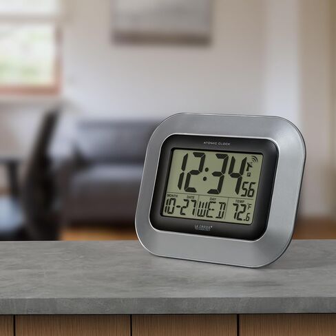 La Crosse Technology WT-8005U-S Atomic Digital Wall Clock with Indoor Temperature, Silver & 617-1270 Atomic LCD Alarm Clock in Saudi Arabia