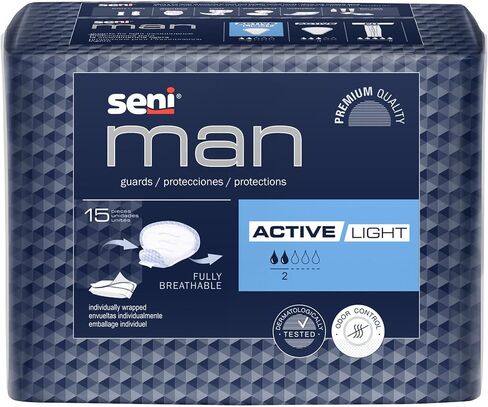 Seni Man Active Guards, Male Incontinence Bladder Control Pads, 7-1/2" x 9-3/10", 15 Count (1 Pack of 15), Light Absorbency with Adhesive Strip and Super Absorbent Core, for Men in Saudi Arabia