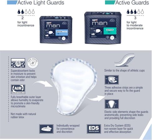 Seni Man Active Guards, Male Incontinence Bladder Control Pads, 7-1/2" x 9-3/10", 15 Count (1 Pack of 15), Light Absorbency with Adhesive Strip and Super Absorbent Core, for Men in Saudi Arabia