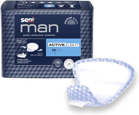 Seni Man Active Guards, Male Incontinence Bladder Control Pads, 7-1/2" x 9-3/10", 15 Count (1 Pack of 15), Light Absorbency with Adhesive Strip and Super Absorbent Core, for Men in Saudi Arabia