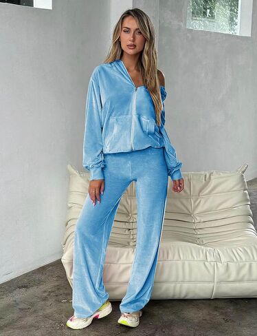 yidengymx Womens 2 Piece Velour Tracksuit Two Piece Soft Velvet Hooded Sweatsuits for Women Lounge with Pockets in Saudi Arabia
