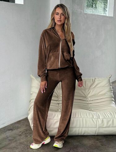 yidengymx Womens 2 Piece Velour Tracksuit Two Piece Soft Velvet Hooded Sweatsuits for Women Lounge with Pockets in Saudi Arabia