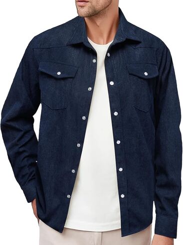 Barry.Wang Mens Corduroy Jacket Shirts Cowboy Lightweight Wrangler Field Western Casual Long Sleeve 2 Flap Pockets in Saudi Arabia