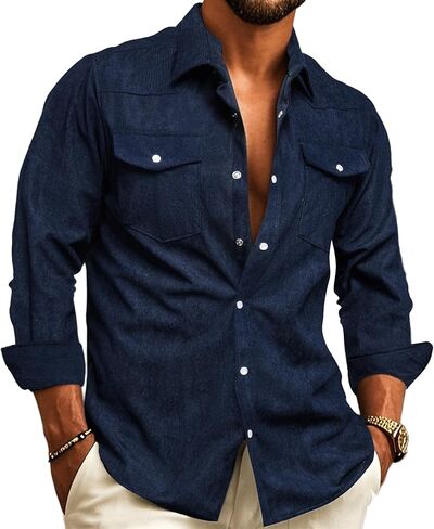 Barry.Wang Mens Corduroy Jacket Shirts Cowboy Lightweight Wrangler Field Western Casual Long Sleeve 2 Flap Pockets in Saudi Arabia