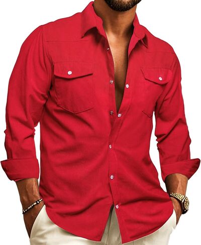 Barry.Wang Mens Corduroy Jacket Shirts Cowboy Lightweight Wrangler Field Western Casual Long Sleeve 2 Flap Pockets in Saudi Arabia