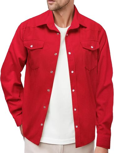 Barry.Wang Mens Corduroy Jacket Shirts Cowboy Lightweight Wrangler Field Western Casual Long Sleeve 2 Flap Pockets in Saudi Arabia