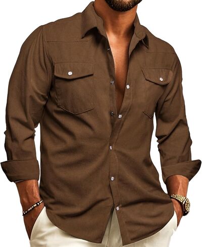 Barry.Wang Mens Corduroy Jacket Shirts Cowboy Lightweight Wrangler Field Western Casual Long Sleeve 2 Flap Pockets in Saudi Arabia