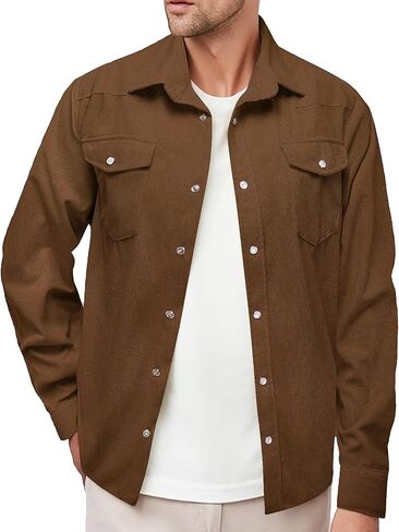 Barry.Wang Mens Corduroy Jacket Shirts Cowboy Lightweight Wrangler Field Western Casual Long Sleeve 2 Flap Pockets in Saudi Arabia