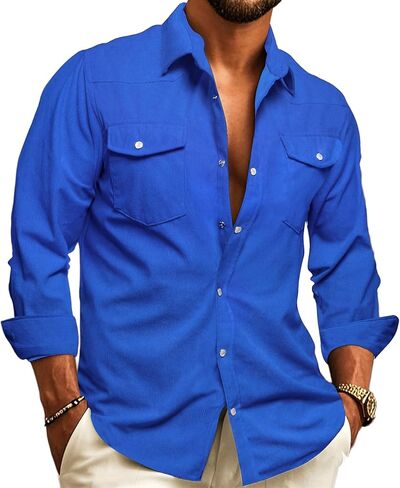 Barry.Wang Mens Corduroy Jacket Shirts Cowboy Lightweight Wrangler Field Western Casual Long Sleeve 2 Flap Pockets in Saudi Arabia