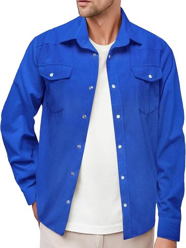 Barry.Wang Mens Corduroy Jacket Shirts Cowboy Lightweight Wrangler Field Western Casual Long Sleeve 2 Flap Pockets in Saudi Arabia