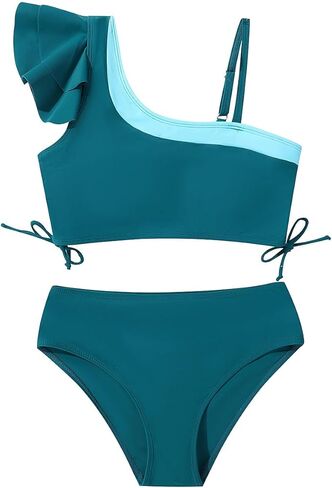 Young Girls 2 Piece Bikini Set Ruffles Swimwear with Adjustable Strap Tropical Striped Beachwear Kids Teen Bathing Suit in Kuwait