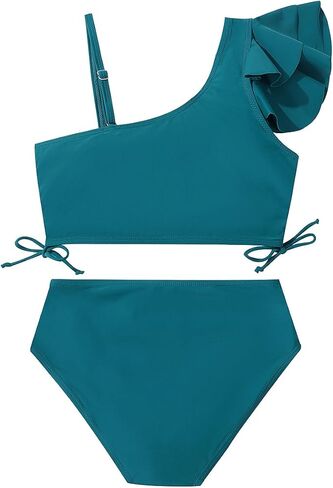 Young Girls 2 Piece Bikini Set Ruffles Swimwear with Adjustable Strap Tropical Striped Beachwear Kids Teen Bathing Suit in Kuwait