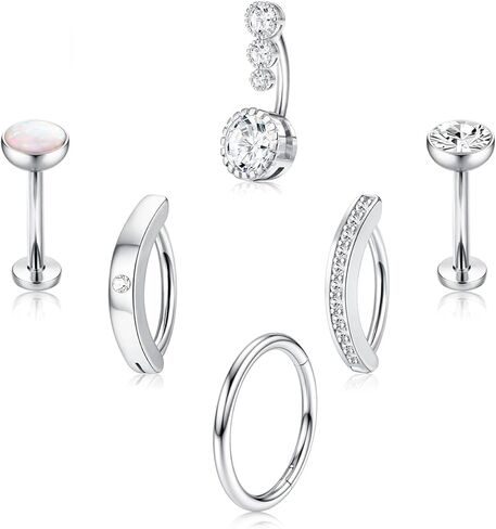 6Pcs Belly Button Rings Silver/Gold Plated Belly Rings Surgical Stainless Steel CZ Clicker Belly Button Piercings for Women in Saudi Arabia